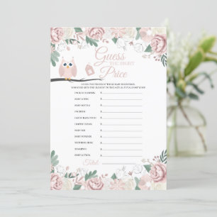 Baby shower Floral Chouette rose Carte de prix