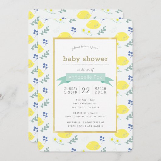 Baby shower Floral de citron blanc Invitation (Devant / Derrière)