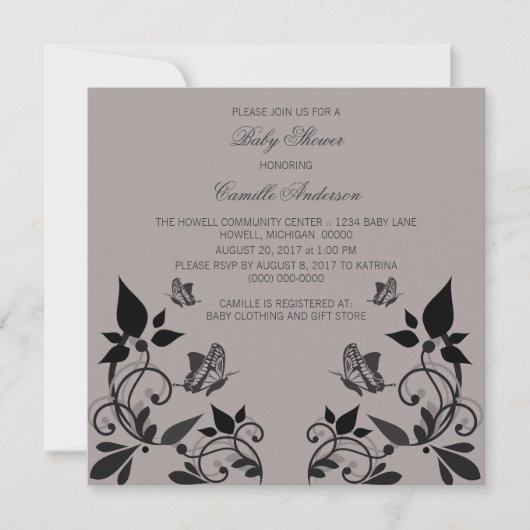 Baby shower floral de papillon ébène Invitation (Devant)
