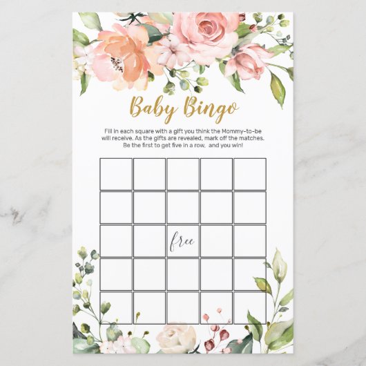 Baby shower Floral de verdure Bingo feuille de jeu (Devant)