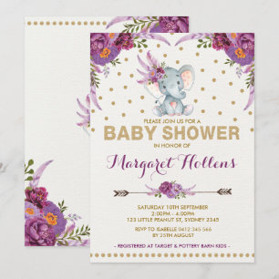 Baby shower floral Eléphant Boho violet Invitation