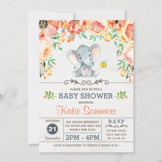 Baby shower Floral Elephant Invitation automnale (Devant)
