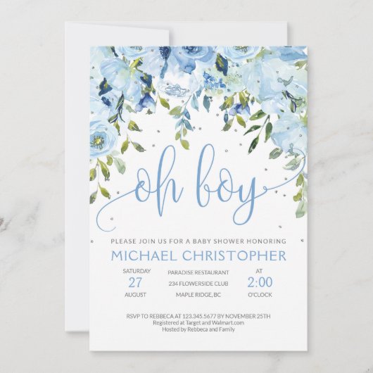 Baby shower floral et argenté bleu Invitation (Devant)