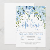 Baby shower floral et argenté bleu Invitation (Devant / Derrière)