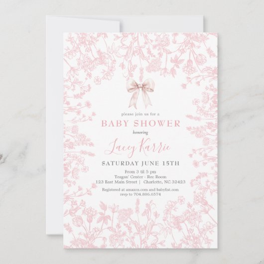 Baby shower floral Pink Bow Chinoiserie Invitation (Devant)