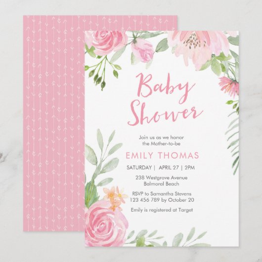 Baby shower floral rose vif Invitation (Devant / Derrière)