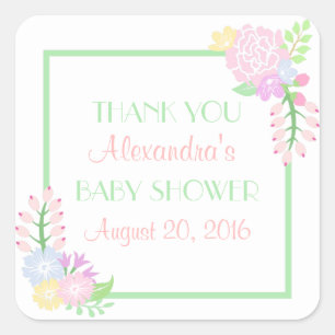 Baby shower Floral Square Stickers, glanzende Vierkante Sticker