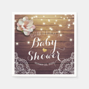 Baby shower Floral String Lights Rustic Wood Lace Servetten