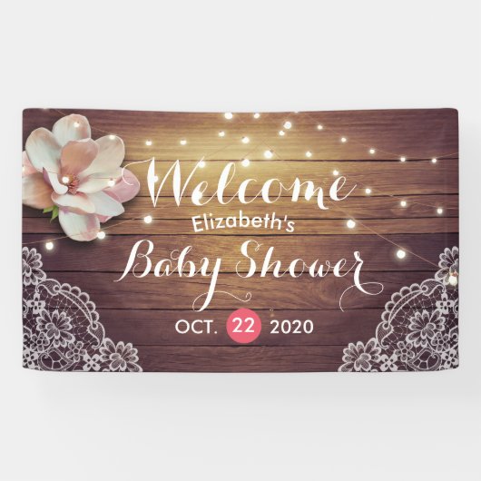 Baby shower Floral String Lights Rustic Wood Lace Spandoek (Horizontaal)