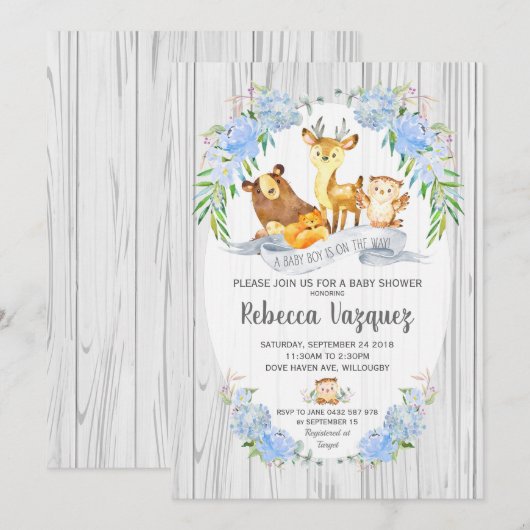 Baby shower Floral Woodland Animals Invitation Gar (Devant / Derrière)