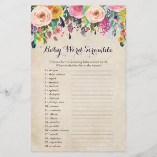 Baby shower Floral Word Scramble Cartes de jeu