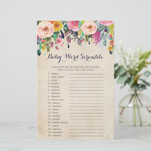 Baby shower Floral Word Scramble Cartes de jeu (Debout devant)