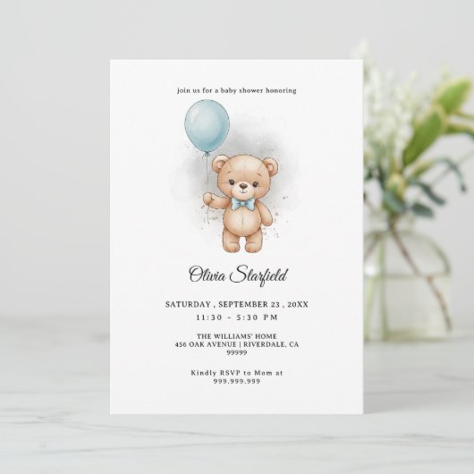 Baby Shower for Boy Blue Balloon, Teddy Bear & Bow Kaart (Staand voorkant)