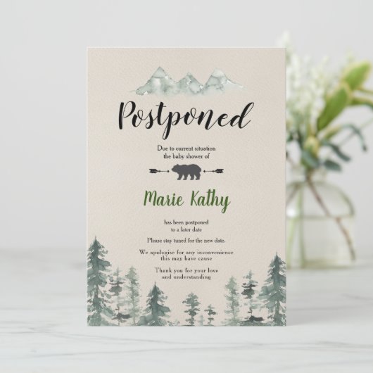 Baby shower forestier vert Faire-part reportée (Debout devant)