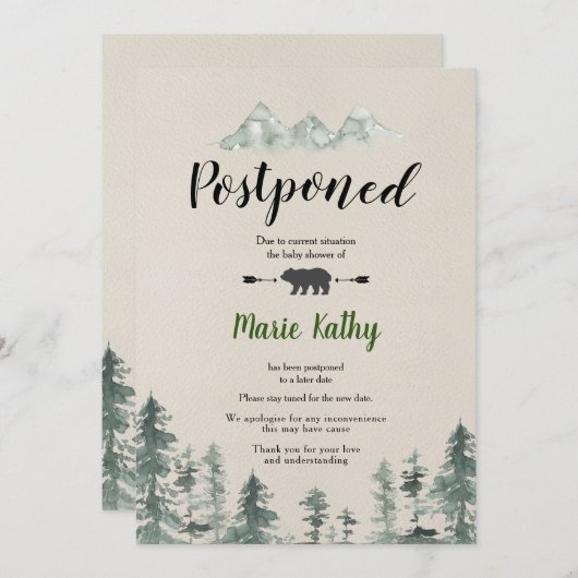 Baby shower forestier vert Faire-part reportée (Devant / Derrière)