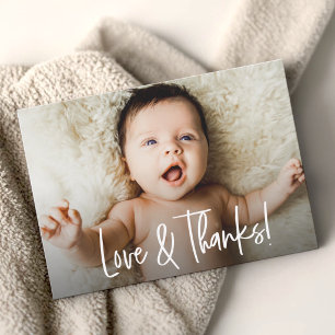 Baby shower foto Liefde en Dank handlettering Bedankkaart