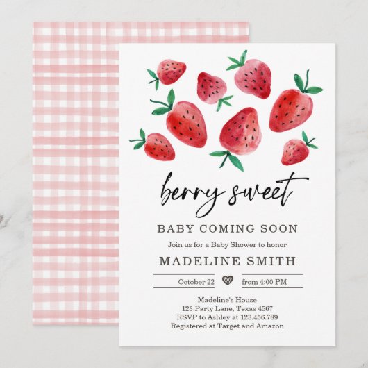 Baby shower fraise Invitation Berry Sweet Baby (Devant / Derrière)