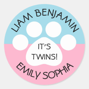 Baby shower - Fraterale tweeling - Paw Print Thema Ronde Sticker