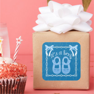 Baby shower garçon bleu carré autocollant