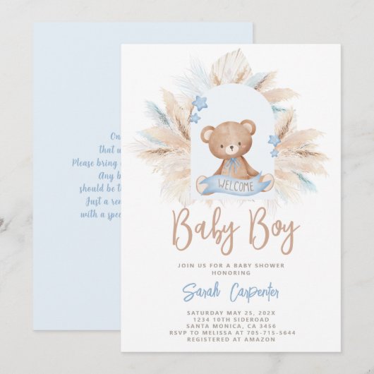 Baby shower Garçon bleu Teddy Invitation (Devant / Derrière)