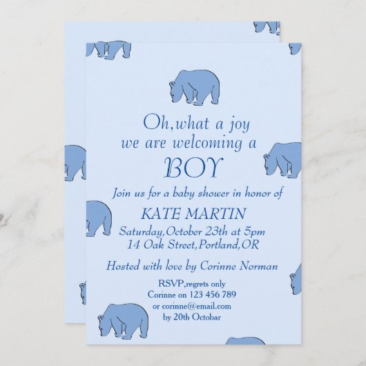 baby shower garçon carte d'invitation avec ours bl (Devant / Derrière)