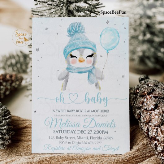 Baby shower garçon d'hiver invitations Pinguin