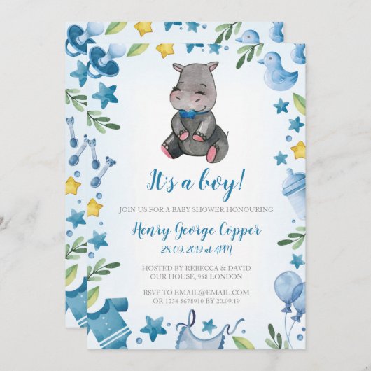 Baby shower Garçon | Invitation | Hippo (Devant / Derrière)