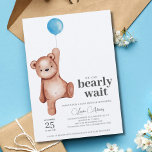 Baby shower Garçon Teddy Bear<br><div class="desc">Une invitation baby shower "on peut attendre longtemps" avec un ours en peluche et un ballon bleu pour un bébé garçon. Objets correspondants disponibles dans la collection Thème du Baby shower de l'ours en peluche.</div>