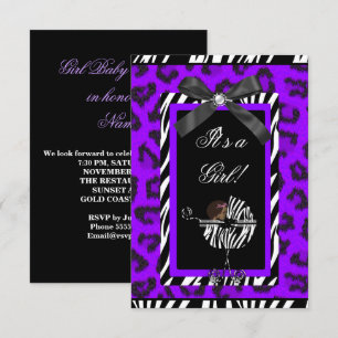 Baby shower Girl Baby Paars Black Zebra Kaart