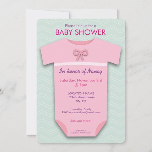 Baby shower Girl Bodysuit Invitation Kaart (Voorkant)