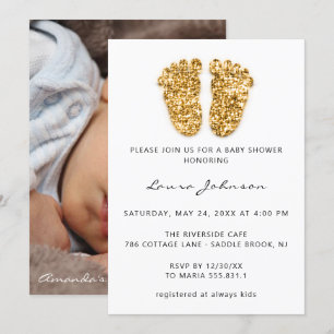 Baby shower Girl Boy Feet Glitter Photo Gold Kaart