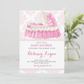 Baby shower Girl Damask Bassinet Invitation (Debout devant)