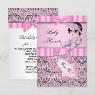 Baby shower Girl Damask Pink Grey Kaart