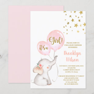 Baby shower Girl Elephant Invitation Kaart