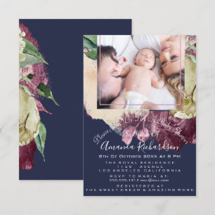 Baby shower Girl Photo Navy Rozen Floral Kaart