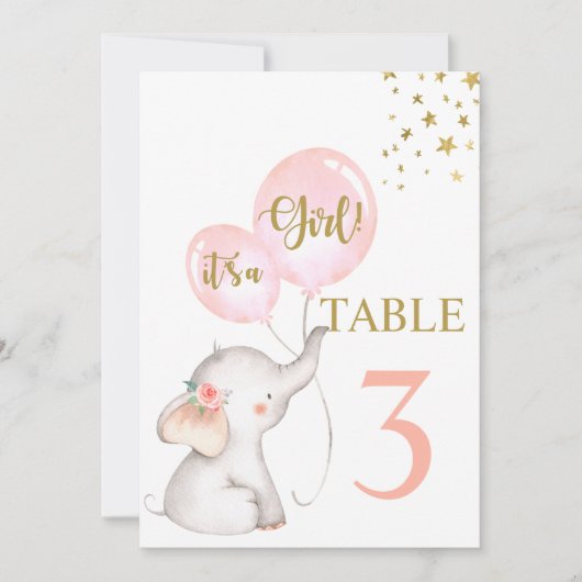 Baby shower Girl Pink Elephant Table Kaart (Voorkant)