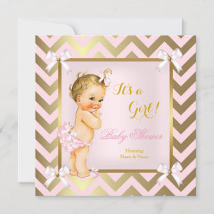 Baby shower Girl Pink Gold Chevron Blonde Kaart