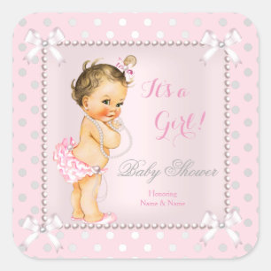 Baby shower Girl Pink Grey Pearl Brunette Vierkante Sticker