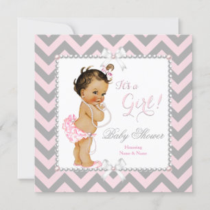 Baby shower Girl Pink Grey Stripe White Brunette Kaart