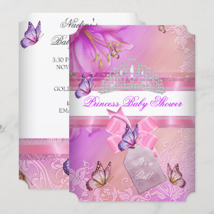 Baby shower Girl Pink Paarse Princess Butterfly 3 Kaart
