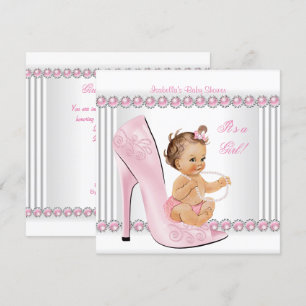 Baby shower Girl Pink Pearl High Hiel Shoes Kaart