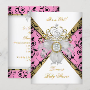 Baby shower Girl Pink Princess Damask Black Kaart