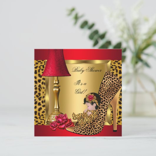 Baby shower Girl Red Gold Rozen Leopard Shoe 1 Kaart (Staand voorkant)