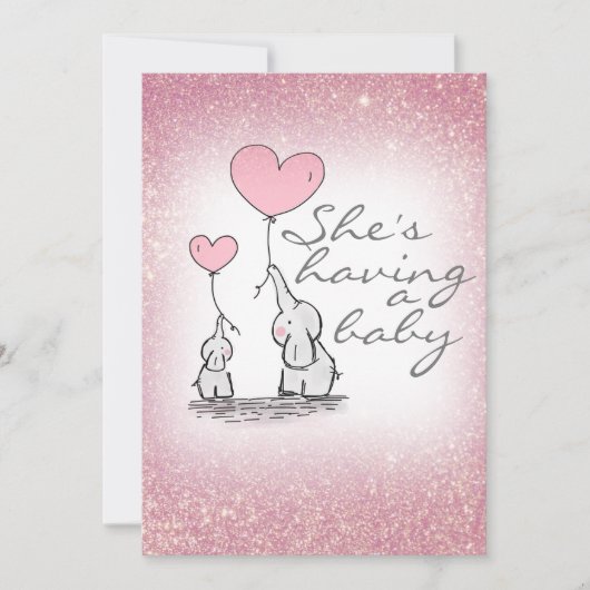 Baby shower Girl Roze Glitter Olifanten Kaart (Voorkant)