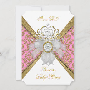 Baby shower Girl White Pink Princess Damask 2 Kaart
