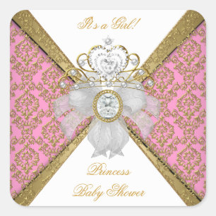 Baby shower Girl White Pink Princess Damask Vierkante Sticker