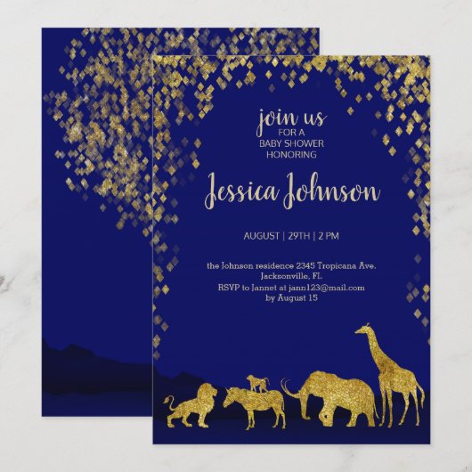 Baby shower Gold & Blue Safari Invitation (Devant / Derrière)