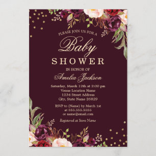 Baby shower Gold Bourgogne floral Sparkle Kaart