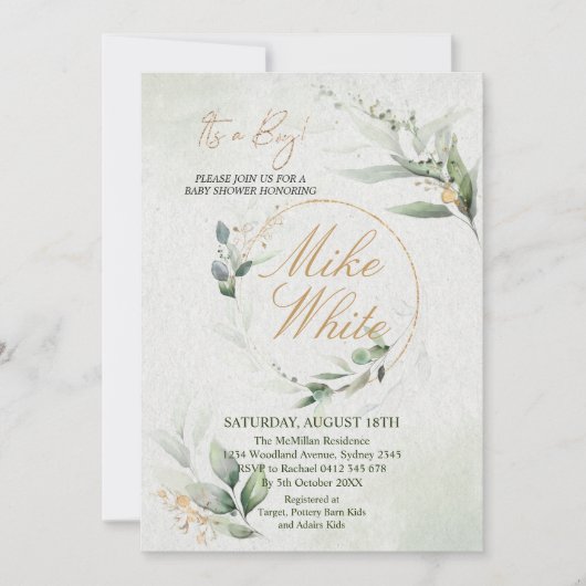 Baby shower Gold en Green Design - Het is een Boy Kaart (Voorkant)