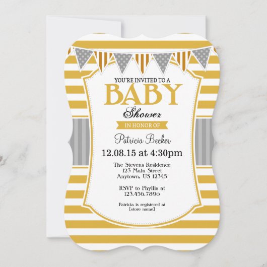 Baby shower Gold Grey Stripes Invitation (Devant)